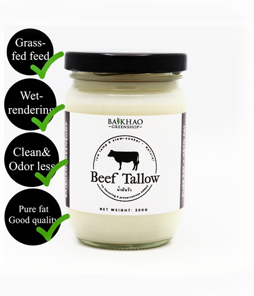 A jar of Bakhao Greenhouse Beef Tallow Lats on a white background, featuring three black circular callouts on the left highlighting key benefits: grass-fed feed, wet-rendering, and clean odor.