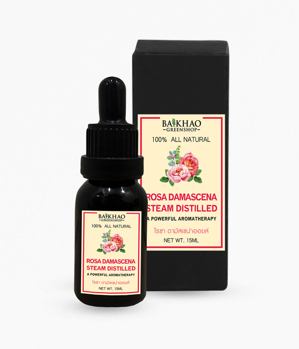 100% Genuine Rosa Damascena Essential Oil (India Origin) – Undiluted Pure Natural Extract with Glass Dropper Bottle (Baikhao Brand)