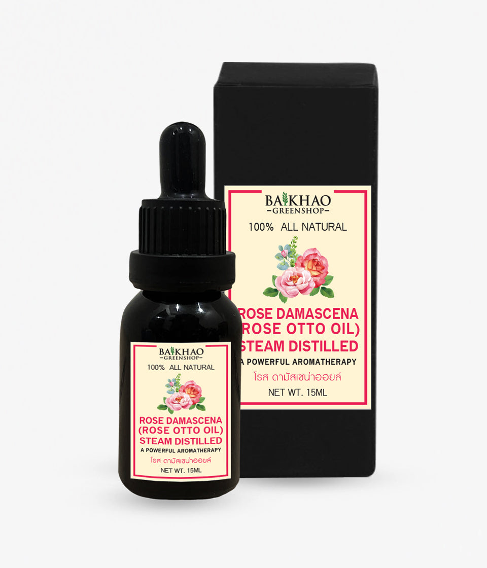 100% Pure Rose Damascena (Rose Otto) Essential Oil (India Origin) – Undiluted Pure Natural Extract with Glass Dropper Bottle (Baikhao Brand)