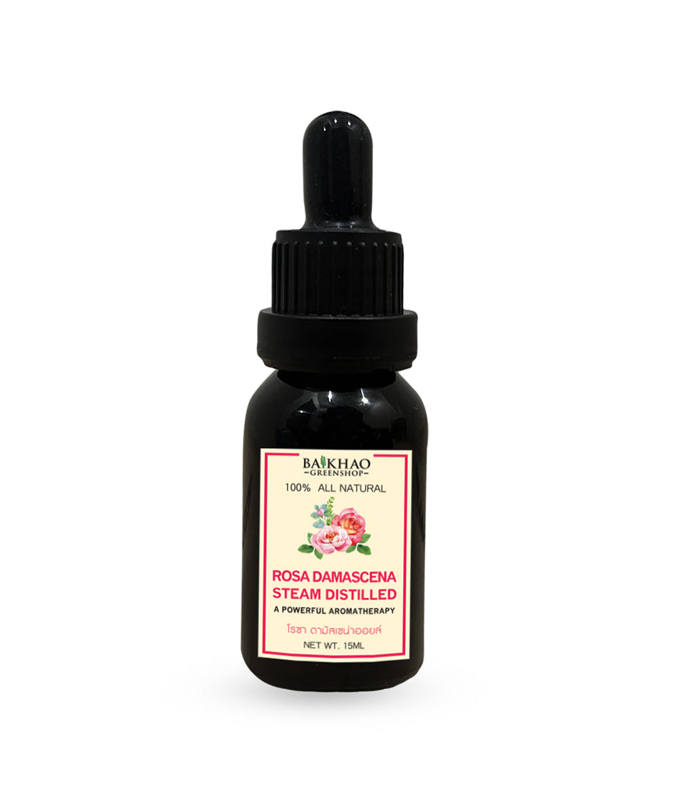 100% Genuine Rosa Damascena Essential Oil (India Origin) – Undiluted Pure Natural Extract with Glass Dropper Bottle (Baikhao Brand)