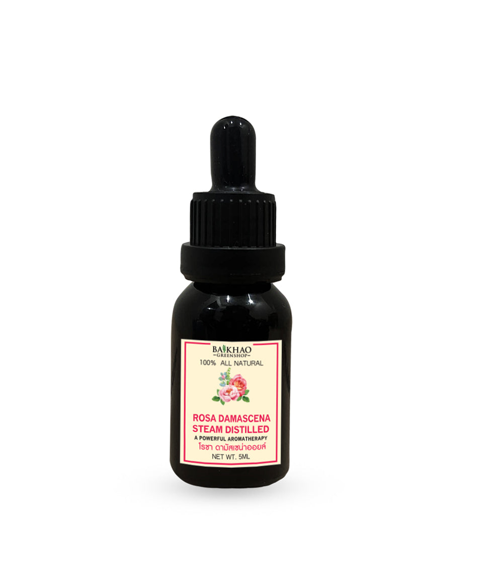 100% Genuine Rosa Damascena Essential Oil (India Origin) – Undiluted Pure Natural Extract with Glass Dropper Bottle (Baikhao Brand)