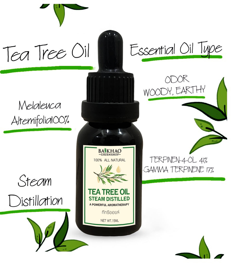 100% Pure Tea Tree Essential Oil (India Origin) – Undiluted Pure Natural Extract with Glass Dropper Bottle (Baikhao Brand)